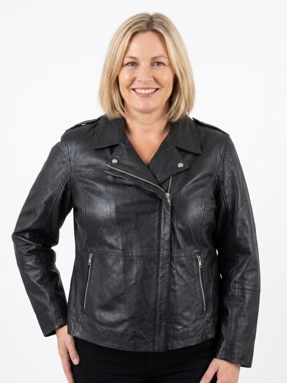 Roamans Leather Moto Jacket Size 26W Black Front Zipper Zip Pockets Motorcycle